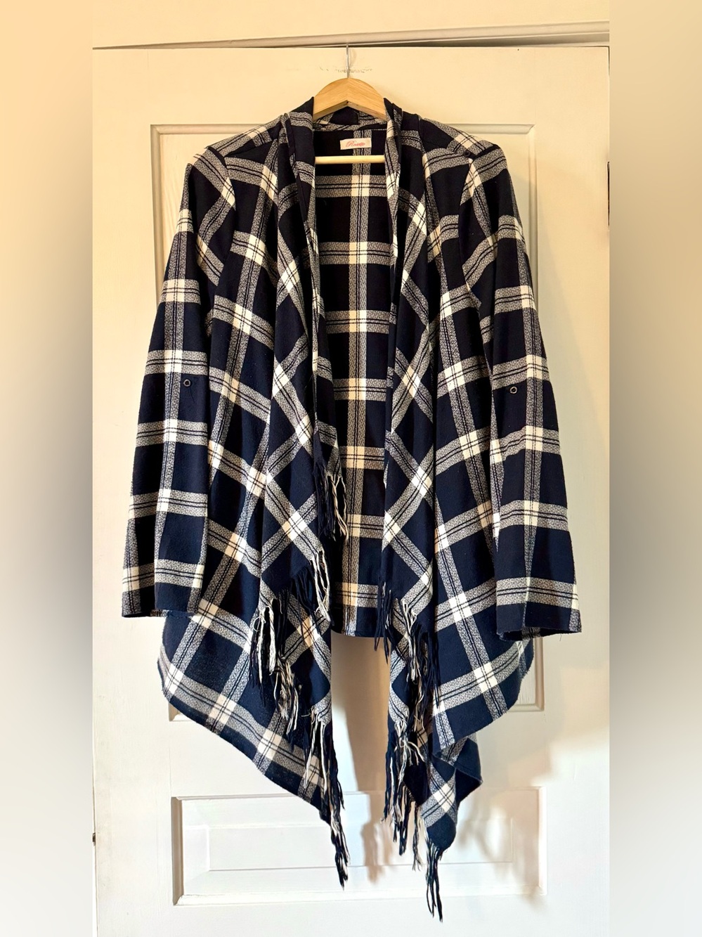 Plaid Open Front Fringe Cardigan Coatigan - Navy & White